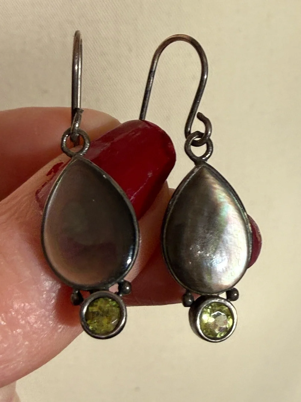 Sterling silver Abalone shell tear drop green Peridot Dangle Minimalist earrings